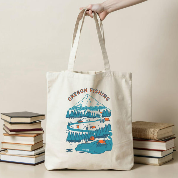 Oregon Fishing Tote Bag PNW Outdoor Graphic Canvas Bag Mount Hood Tote Bag Oregon River Fishing Illustrated Bag Gift For Fishing Lover Dad